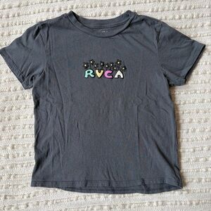RVCA Charcoal Gray Pastel Floral Multicolor Logo Crop Baby Tee Shirt Size Small